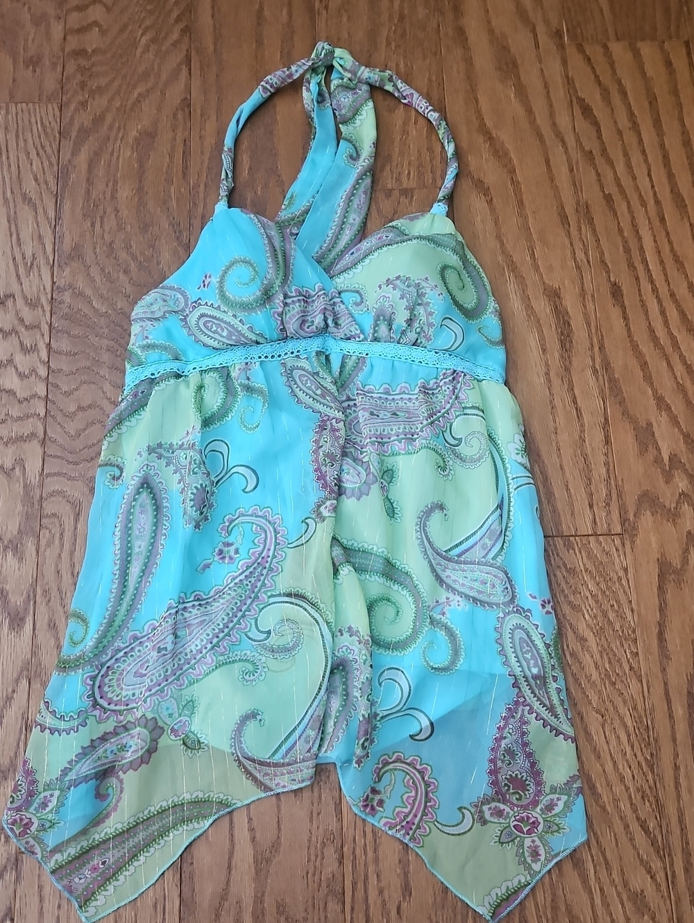 Jordache Vintage Y2K Paisley Halter Top Sheer Babydoll Handkerchief Hem XL
